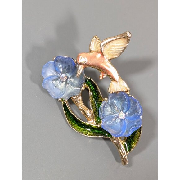 Vintage Hummingbird Pin Brooch Blue Lucite Flowers Gold Tone - Picture 3 of 7
